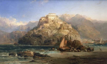 Vy över San Sebastian (Spanien), i mitten Mount Urgull och byggnaderna i slottet Santa Cruz de la Mota. Olja på duk av James Webb (verksam mellan 1853 och 1888).