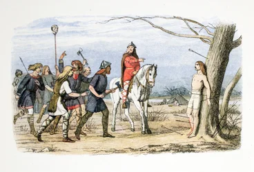 Edmund, kung av East Anglia, dödad av danskarna, 20 november 869 e.Kr., ur En krönika över England från 55 f.Kr. till 1485 e.Kr., utgiven i London, 1863