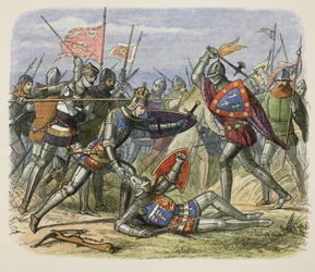Henry V attackerad av hertigen av Alencon på slagfältet, från A Chronicle of England f.Kr. 55 till AD 1485, pub. London