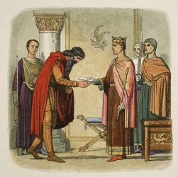 Henrik ger Dermod tillstånd att samla styrkor, 1170, från A Chronicle of England BC 55 to AD 1485, publicerad av A Chronicle of England BC 55 to AD 1485. London, 1863