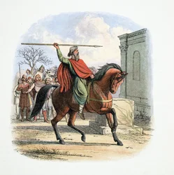 Översteprästen, Coifi, profanerar idolernas tempel, 627 AD, från A Chronicle of England f.Kr. 55 till AD 1485, pub. London, 1863