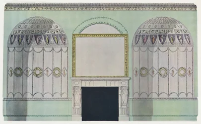 Skorstensstycke plankat av alkover, interiörkomposition, c1700-tal