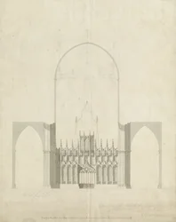 Interiör av Lichfield Cathedral - Ingång från Choir to Nave: ritning och tvätt, nd [c 1780]