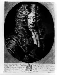 Sir Stephen Fox (1627-1716) 75 år gammal, graverad av J. Simon, 1701