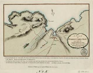 En plan över Fishguard Bay nära vilken fransmännen landsatte 1200 man den 22 februari 1797 och överlämnade fångar till Lord Cawdor den 24