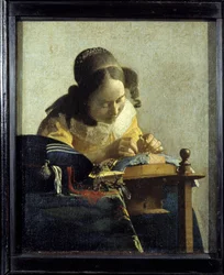 Spetsknypplerskan. Målning av Jan (Johannes) Vermeer från Delft (1632-1675), omkring 1658-1660. Mått: 0,24 x 0,21 m. Louvren.