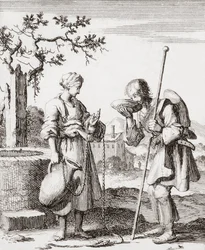 En kvinna ger en pilgrim en drink vatten