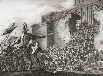 Pompejus attackerar templet i Jerusalem 63 f.Kr. (tryck)