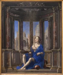 Danaë. Jupiter förvandlar sig till ett gyllene regn för att förföra den unga kvinnan. Målning av Jan Gossaert, kallad Mabuse (1478-1532) (95 x 113 cm)