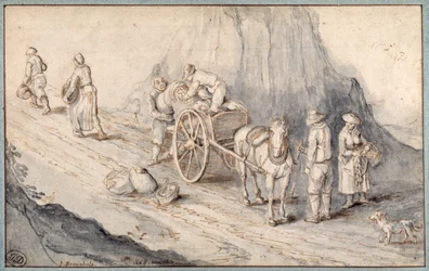Bönder lastar en enhästsvagn med rotfrukter (penna och bläck med tvätt på papper)