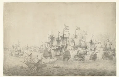Ett sjöslag, möjligen vid Lowestoft den 13 juni 1665 (vänster sida)