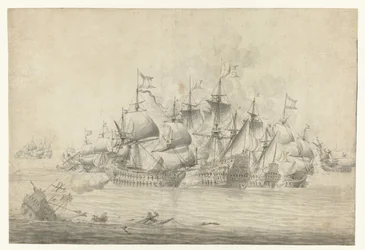 Ett sjöslag, möjligen vid Lowestoft den 13 juni 1665 (höger sida)