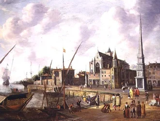 En Medelhavshamnscen med eleganta figurer på kajen och sjöfart i fjärran