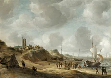 Utsikt över Egmond aan Zee med fiskare på stranden och sjöfart till havs