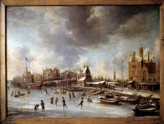 Vinterlandskap. Åkare på en frusen sjö. Målning av Burstaten (1622-1666) 1600-talet. Berlin, statsmuseet