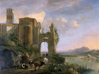 "Flodlandskap med kyrkan SS Giovanni e Paolo, Rom", ca 1630-1652
