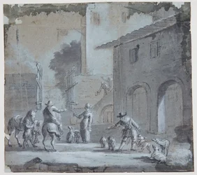 Stadsbild med öppen port, figurer och djur