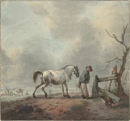 Landskap med en vattnande man, häst och hund