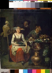 Hos frukt- och grönsakshandlaren (Hos en grönsakshandlare). Målning av Jan Baptist Lambrechts (1680-1731). flamländsk konst. Olja på trä. Statens M. Ciurlionis konstmuseum, Kaunas