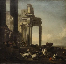 Ett italienskt landskap med bönder, boskap och får vid klassiska ruiner, ca 1650-talet (olja på duk)