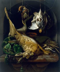 Stilleben med en död hare, rapphöns och andra fåglar i en nisch, cirka 1675