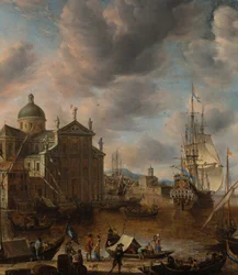 En medelhavshamn i capricciostil med figurer som samtalar på en kaj och en nederländsk tremastare förtöjd i bakgrunden, 1665