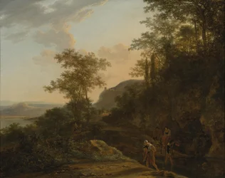 Sydligt landskap med resenärer vid ett vadställe