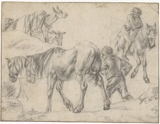 Studieblad med figurer, hästar och åsnor