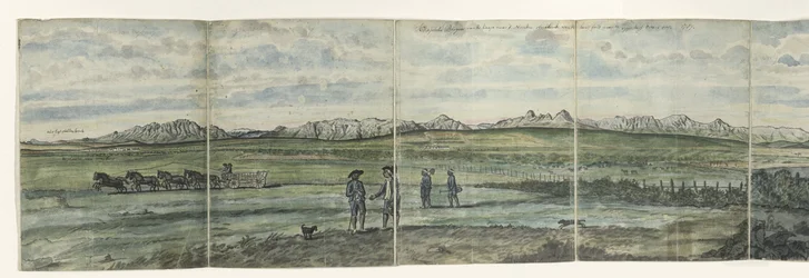 Panorama över Hottentots Holland Kaapsche Bergen från Kap till norr sträcker sig från Baay Fals till Tygerberg tvärs över. 1787 (titel på objekt)