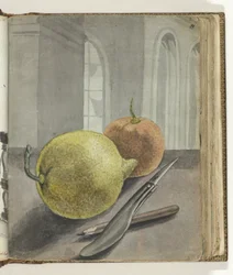 Stilleben med frukt, kniv och penna.