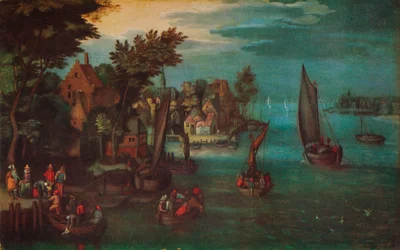 "En livlig flodscen med holländska fartyg och en färja", c1605