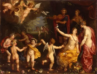 Allegori om kärlek: Venus håller ett par bundna duvor, med Ceres, Apollo och Diana, omgiven av dansande putti, i ett landskap