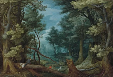 Ett skogslandskap med jägare som jagar en hjort