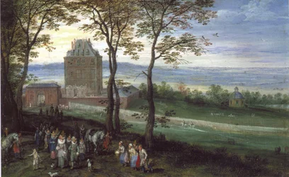 Ärkehertig Albrecht och Isabella framför slottet Mariemont