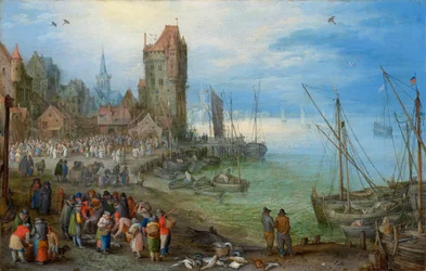Hamnscen med fiskmarknad