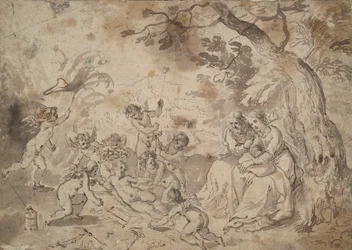 Jungfru Maria och St. Josef och Kristusbarnet, St. Johannes och änglar som leker med Passionsinstrumenten
