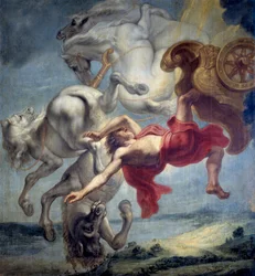 Phaetons fall: Oförmögen att styra Helios vagn träffas Phaeton av Zeus blixt och faller i floden Eridan - Målning av Jan Carel van Eyck (1649-ca 1690), olja på duk, slutet av 1600-talet, mått: 197x18