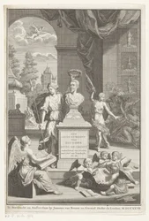Byst av Hugo de Groot hyllad av Victoria Huig de Groots liv och verksamhet (titel på objektet) Titelsida för: Caspar Brandt och Adriaan van Cattenburg, History of the life of Mr Huig de Groot, 1727