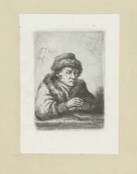 Volwassen man aan een tafel, i bontmantel The Compleat Work of Etchings av John Chalon / Oeuvre Complette des Eaux Fortes av Jean Chalon (serietitel)