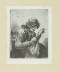 Vrouw sätter naald i draad The Compleat Work of Etchings av John Chalon / Oeuvre Complette des Eaux Fortes av Jean Chalon (serietitel)