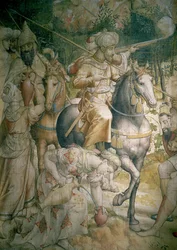 Kejsar Karl V:s kampanj mot turkarna i Tunis 1535: turkarnas nederlag i slaget vid Goletta, detalj av kavalleristerna som släcker sin törst, tecknad film efter en gobelängkol och wc