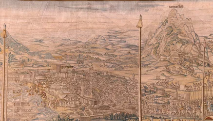 flamländsk gobeläng. Serien Erövringen av Tunis; Genomgång av trupperna i Barcelona (La revista de las tropas en Barcelona). Andra gobeläng i serien. Modellen Jan Vermeyen och Pieter Coecke van Aelst. 1543-1548. Tillverkning Real Fábrica de Tapices de Sant