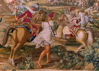 flamländsk gobeläng. Serien Erövringen av Tunis. Attacken på La Goleta (Ataque a la Goleta). Fjärde gobelängen i serien. Modellen Jan Vermeyen och Pieter Coecke van Aelst. 1543-1548. Tillverkning Real Fábrica de Tapices de Santa Bárbara, Madrid