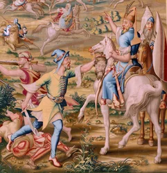 flamländsk gobeläng. Serien Erövringen av Tunis. Attacken på La Goleta (Ataque a la Goleta). Fjärde gobelängen i serien. Modellen Jan Vermeyen och Pieter Coecke van Aelst. 1543-1548. Tillverkning Real Fábrica de Tapices de Santa Bárbara, Madrid