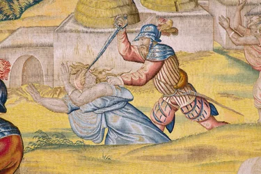 flamländsk gobeläng. Serien The conquest of Tunis: Take of Tunis. Serietecknaren Jan Cornelisz Vermeyen. Studio Willem de Pannemaker, Bryssel. Ca 1545. Detalj.
