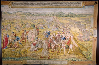Flamländsk gobeläng. Serien "Erövringen av Tunis": Intagandet av Tunis. Kartong av Jan Cornelisz Vermeyen. Willem de Pannemakers ateljé, Bryssel. Cirka 1545.