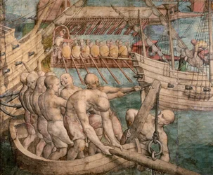 Galärslavar. Detalj från: Kejsar Karl V fångar Tunis Tapestry Cartoon, ca. 1548.