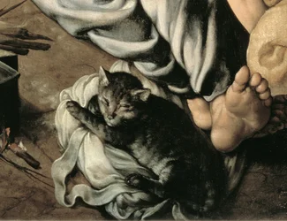 Den heliga familjen runt en eld, ca 1532-33 (panel) (detalj av 77334)