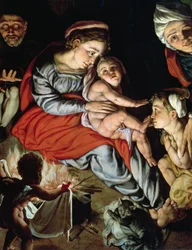 Den heliga familjen runt en eld, ca 1532-33 (panel)