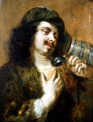 En ung man som dricker ur en tankard (olja på panel)